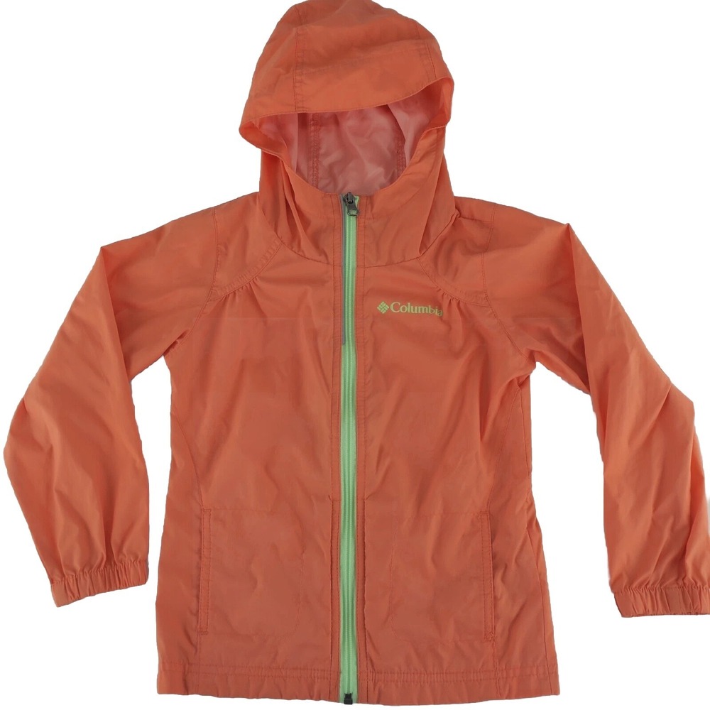 Columbia Hooded Long Sleeve Windbreaker Jacket Girls XXS (4/5) Orange Lime Green